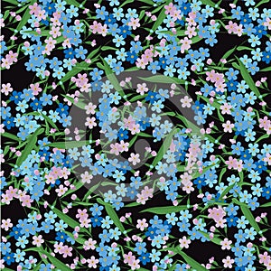 Forgetting seamless pattern. Blue pink flowers green on black background flat design element s photo